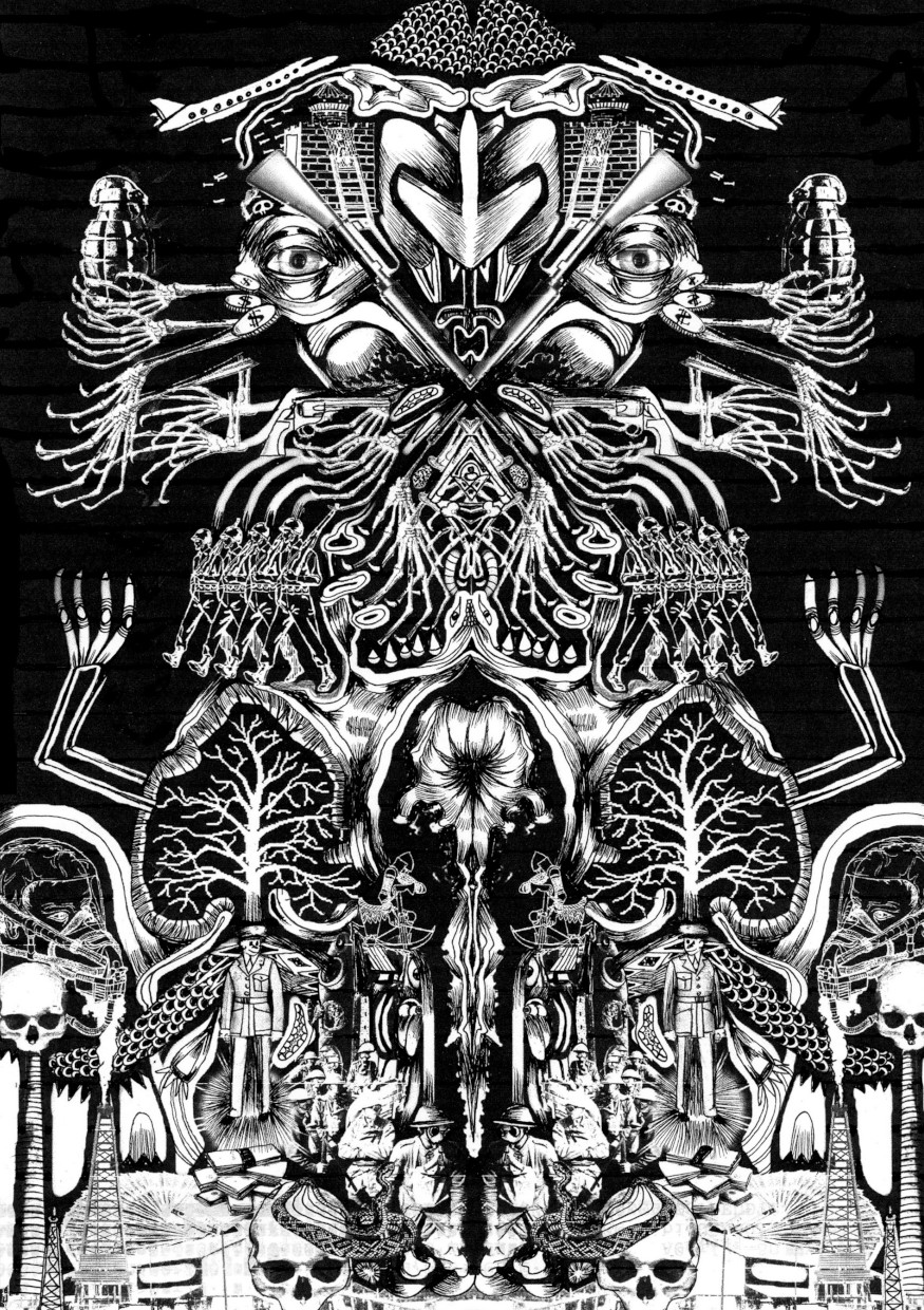 Couverture du fanzine Violence arborant des illustrations noir et blanc abstraites, organiques et inquiétantes.